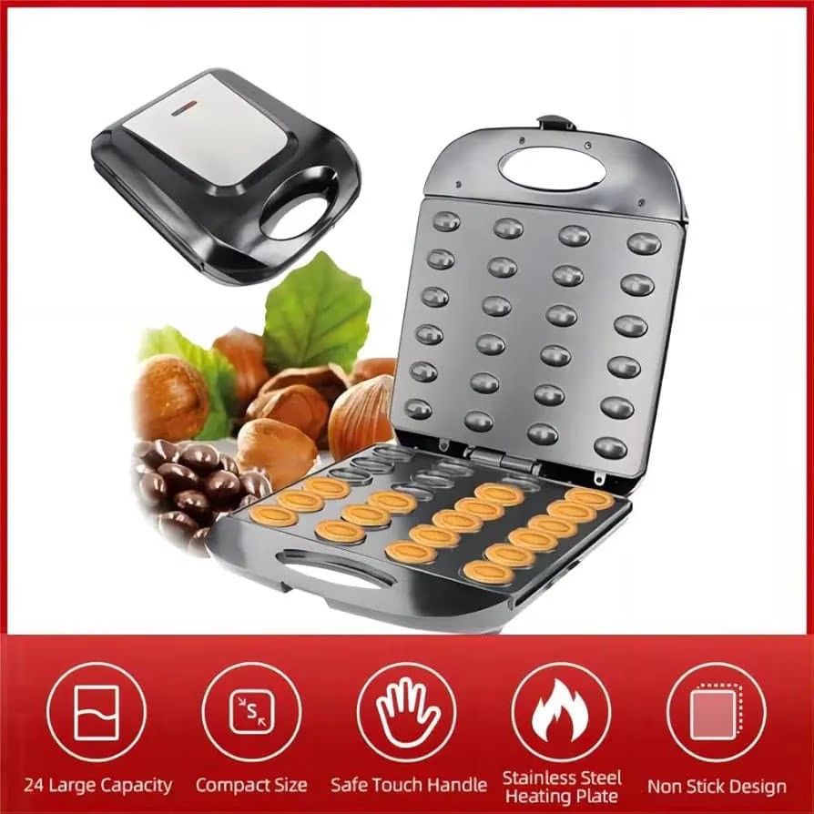 Aparat pentru preparat forme de nuci Hoffmans, 24 forme, 1400W, Indicator luminos, Placi antiaderente, Negru/Inox