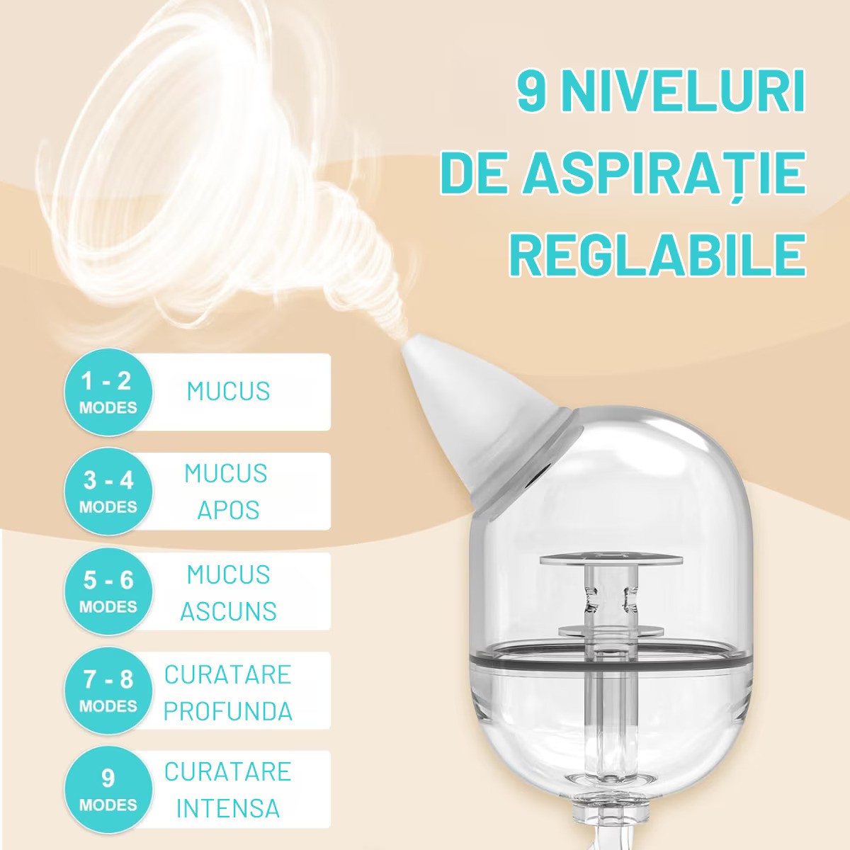 Aspirator nazal electric pentru bebelusi si copii, 9 niveluri de aspiratie reglabile, lumina de noapte cu muzica linistitoare, Incarcare USB, Display LED,