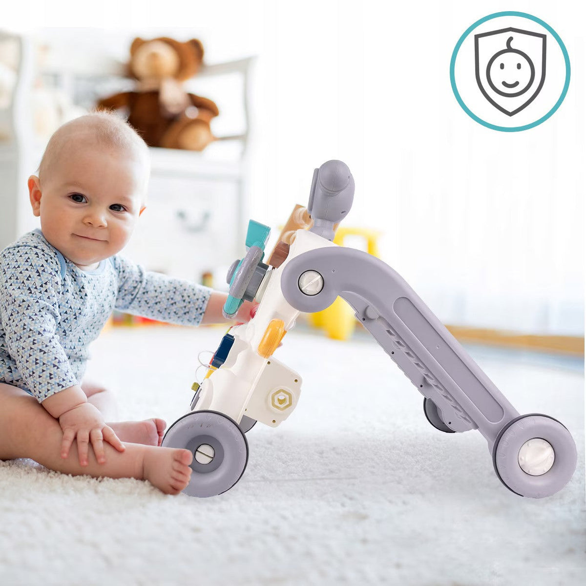 Antemergator 6 in 1  pentru Copii, cu Activitati Montessori de joaca si roti anti-alunecare,