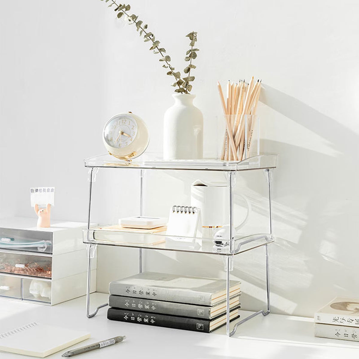 Organizator pliabil pentru bucatarie, sistem de stivuire, picioare inox, 29 x 21 x 16 cm, transparent