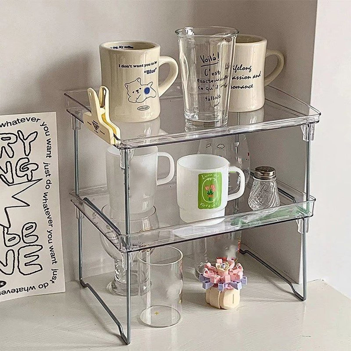 Organizator pliabil pentru bucatarie, sistem de stivuire, picioare inox, 29 x 21 x 16 cm, transparent
