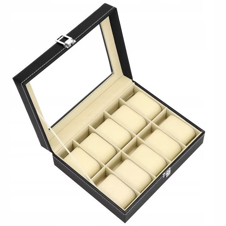 Cutie ceasuri, Piele ecologica, Pentru 10 ceasuri, 25 x 20 x 8 cm, Negru/Crem