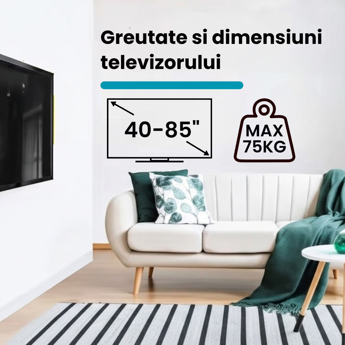 Suport TV fix universal pentru televizoare 40–85 inch, capacitate 75 kg