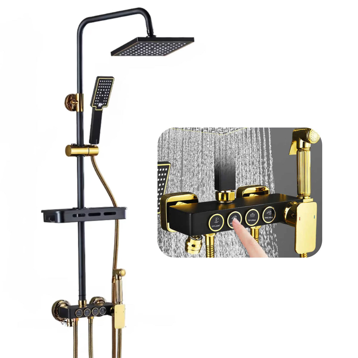 Coloana de dus premium cu 4 functii, baterie, cap dus patrat tip ploaie, dus de mana, pistol bideu, robinet inferior, raft accesorii, control prin butoane, alama masiva, finisaj negru mat si auriu, sistem complet modern baie
