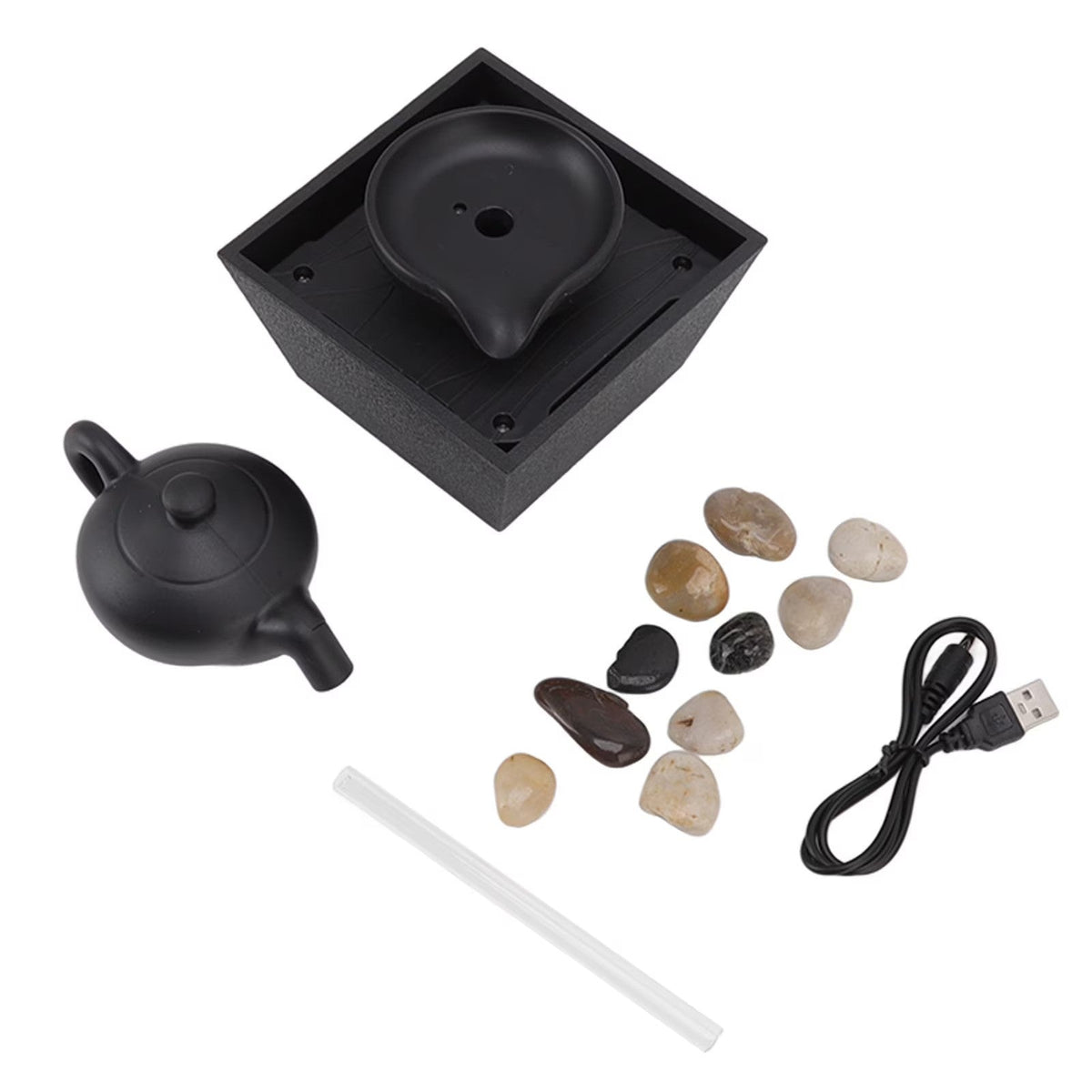 Fantana decorativa cu ceainic suspendat, alimentare USB si baterii, 27.5x11.7x11.7cm, cu lumini LED si pietre, negru, 404g