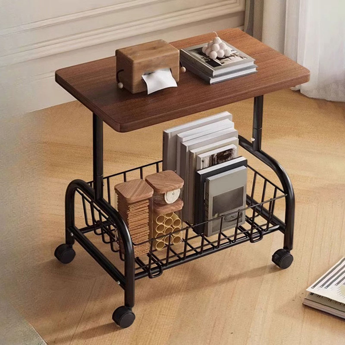 Masuta laterala tip coffee table, carucior mobil cu blat si rafturi metalic , 50x40x30 cm