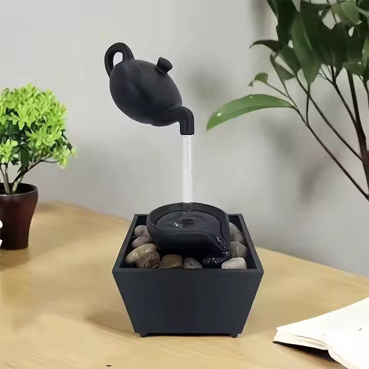 Fantana decorativa cu ceainic suspendat, alimentare USB si baterii, 27.5x11.7x11.7cm, cu lumini LED si pietre, negru, 404g