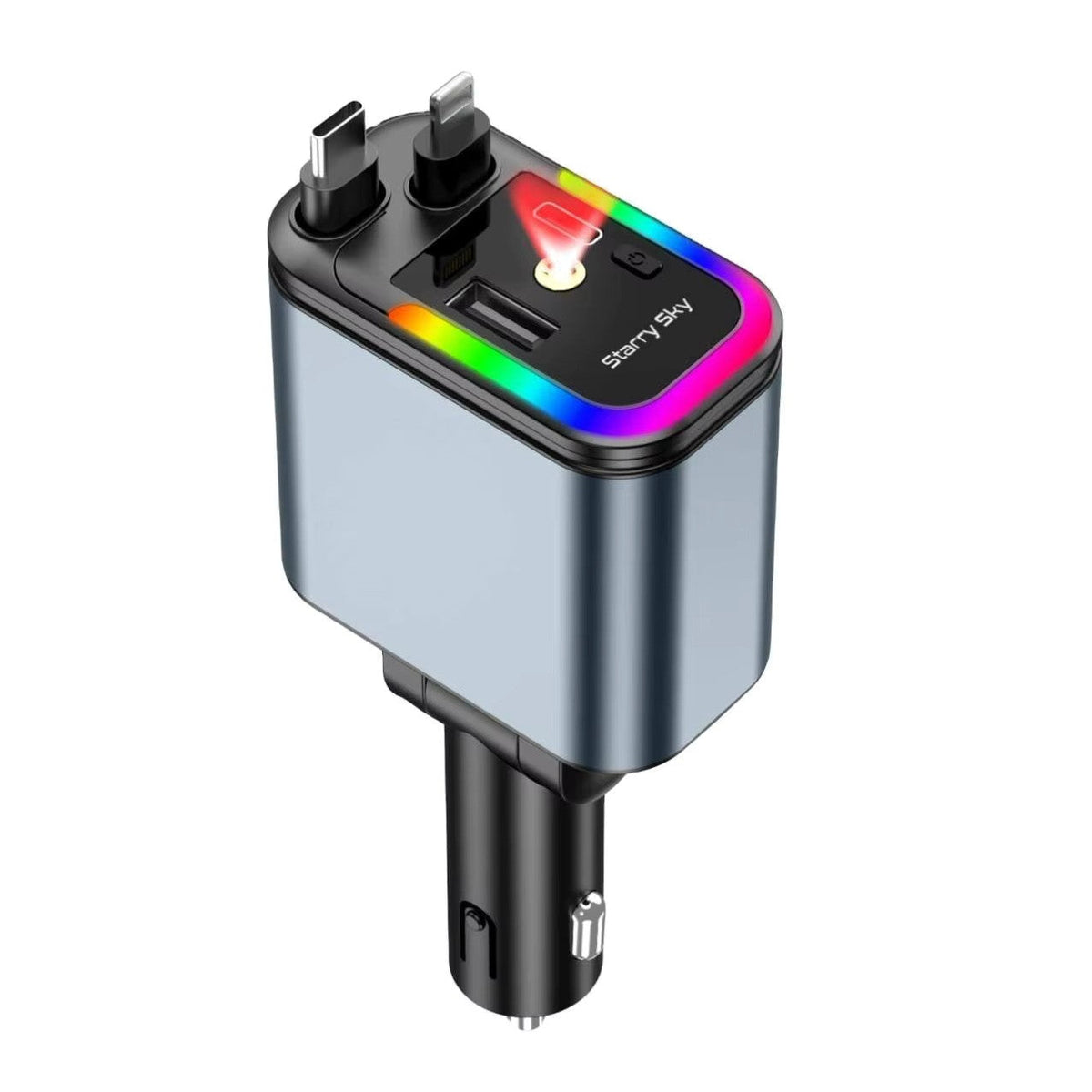 Incarcator Auto Retractabil 4-in-1 Fast Charge, 2 Cabluri Retractabile Lightning & Type-C, Iluminare RGB, Proiectie Stelara Laser