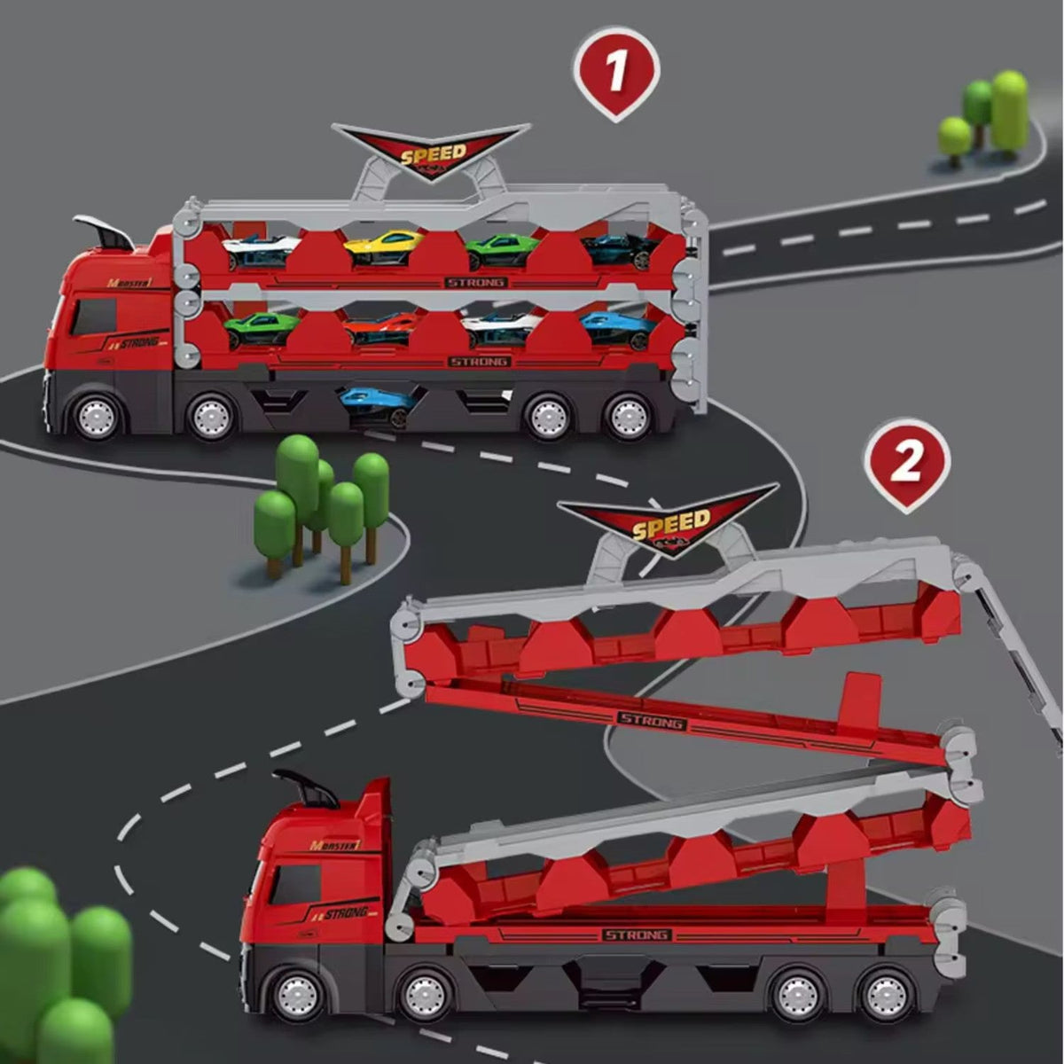 Jucarie Set Camion Trailer pentru Transport Masinute de curse, Tir cu 6 Masini Incluse pentru Copii de 3,4,5,6 ani, Catapultare Vehicule, Platforma si Pista de curse, Prelungire 2.0m