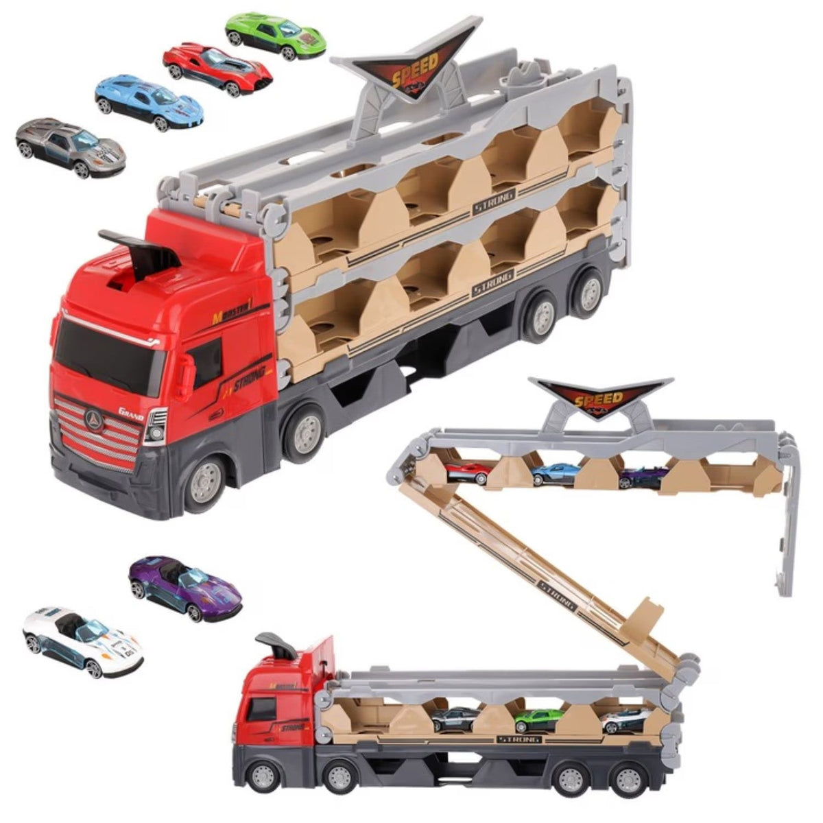 Jucarie Set Camion Trailer pentru Transport Masinute de curse, Tir cu 6 Masini Incluse pentru Copii de 3,4,5,6 ani, Catapultare Vehicule, Platforma si Pista de curse, Prelungire 2.0m