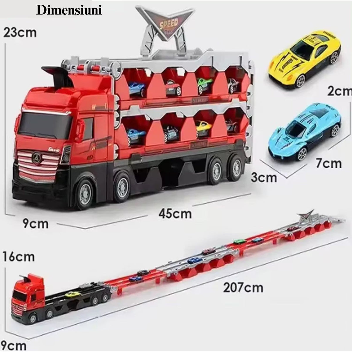 Jucarie Set Camion Trailer pentru Transport Masinute de curse, Tir cu 6 Masini Incluse pentru Copii de 3,4,5,6 ani, Catapultare Vehicule, Platforma si Pista de curse, Prelungire 2.0m