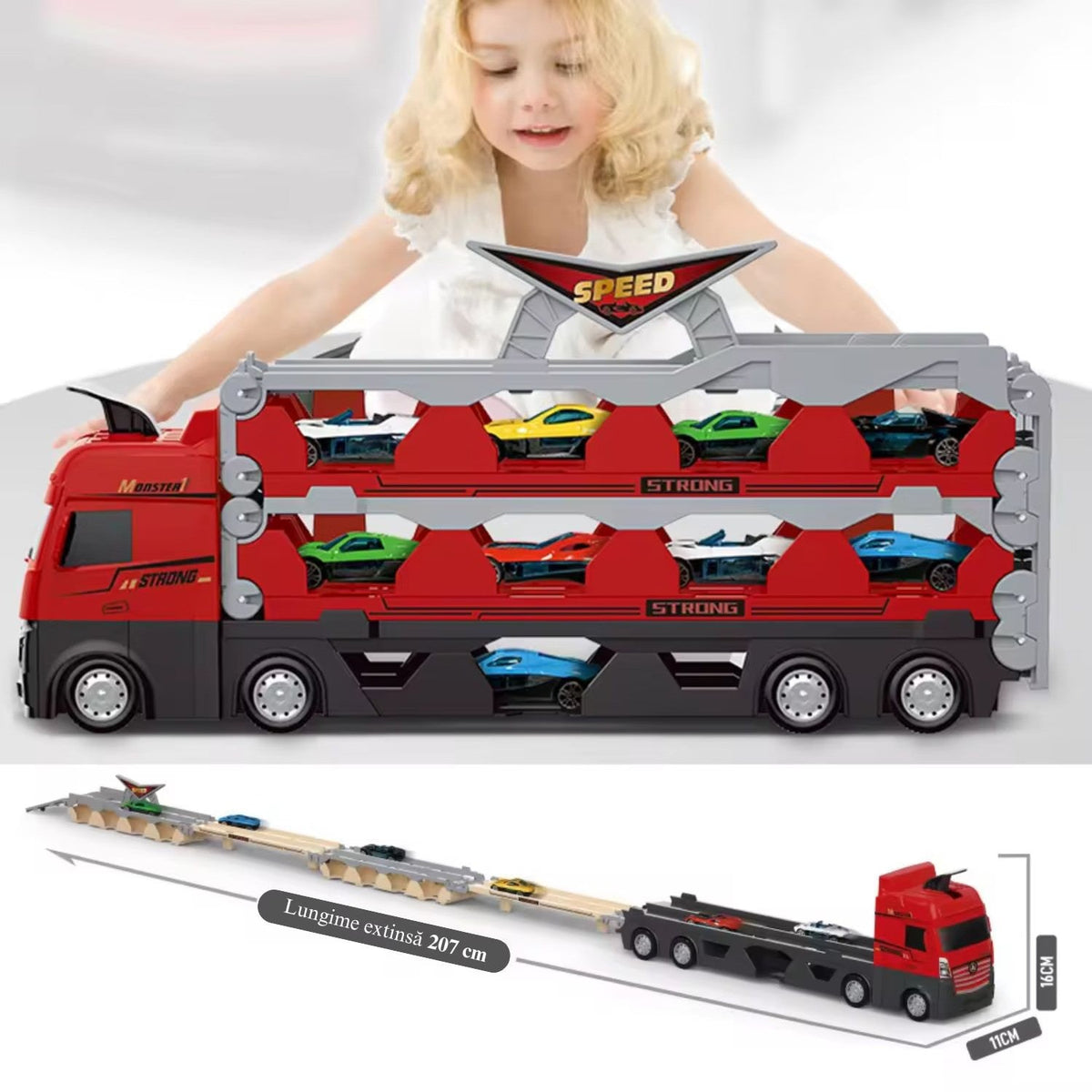 Jucarie Set Camion Trailer pentru Transport Masinute de curse, Tir cu 6 Masini Incluse pentru Copii de 3,4,5,6 ani, Catapultare Vehicule, Platforma si Pista de curse, Prelungire 2.0m