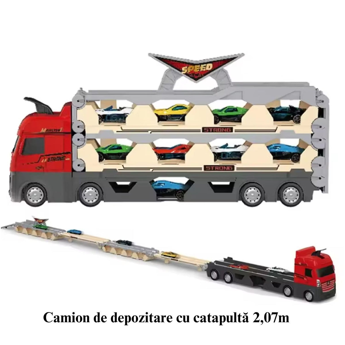 Jucarie Set Camion Trailer pentru Transport Masinute de curse, Tir cu 6 Masini Incluse pentru Copii de 3,4,5,6 ani, Catapultare Vehicule, Platforma si Pista de curse, Prelungire 2.0m