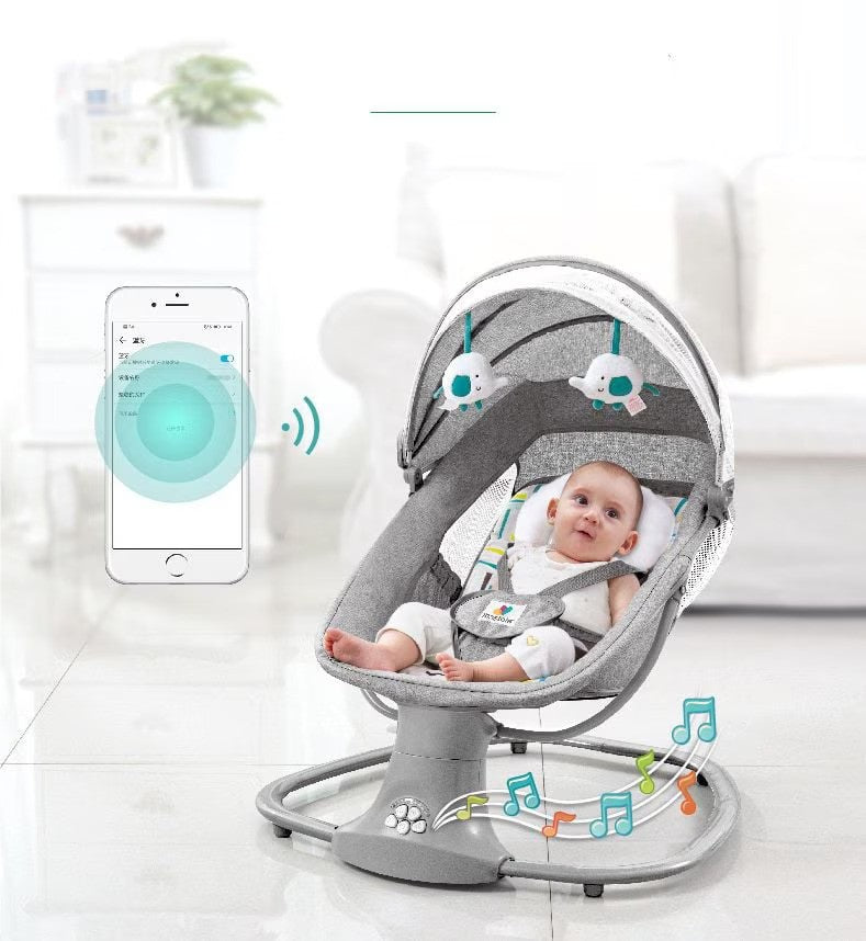 Balansoar copii 3 in 1, Electric, cu Plasa Tantari, Perna Detasabila, Jucarii, USB, Bluetooth, Telecomanda, 0-3 ani, Gri