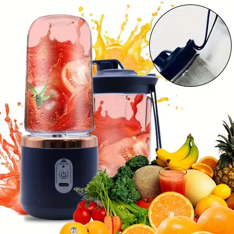 Mini Blender Portabil Electric, Cu Acumulator, 2 Recipiente, 6 Lame 3D, 300 ml, 40W, Capac Inclus