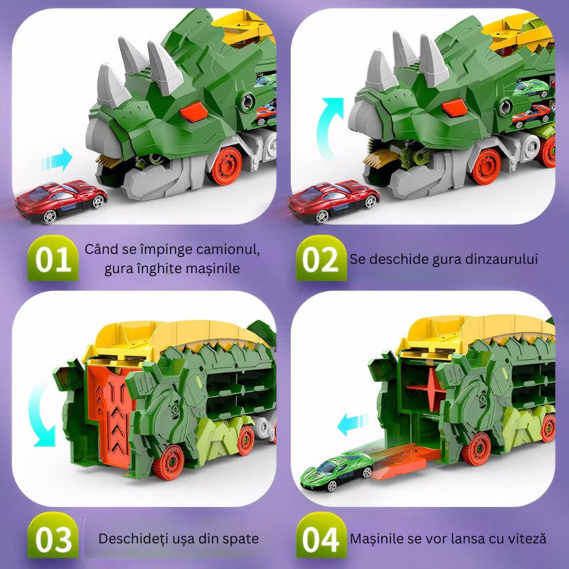 Set Multifunctional Dinozaur 2-in-1, Camion de Transport si Rampa de Lansare cu 2 Masinute