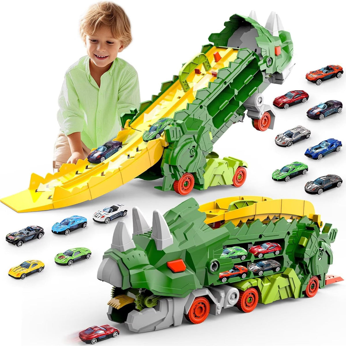 Set Multifunctional Dinozaur 2-in-1, Camion de Transport si Rampa de Lansare cu 2 Masinute