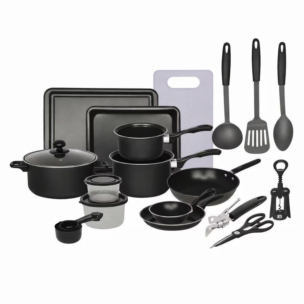 Set Bucatarie Complet, 22 Piese cu Oale, Tigai, Wok, Tavi si Accesorii pentru Gatit, Negru