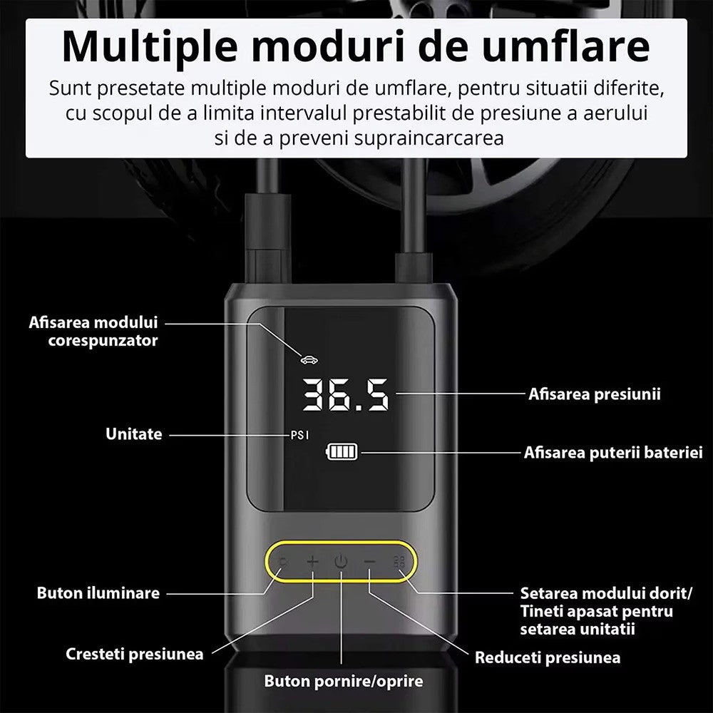 Pompa aer auto electrica, afisaj digital LCD, Lanterna LED, Portabila, Reincarcare USB C, baterie 4000 mAh, Manometru digital, 120 W, sundiguer, Negru