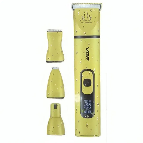 Masina de tuns pentru animale VGR V-204, 4 in 1, fara fir, afisaj LED, 3 viteze, 5 capete, 13 trepte de taiere, pentru caini si pisici, galben