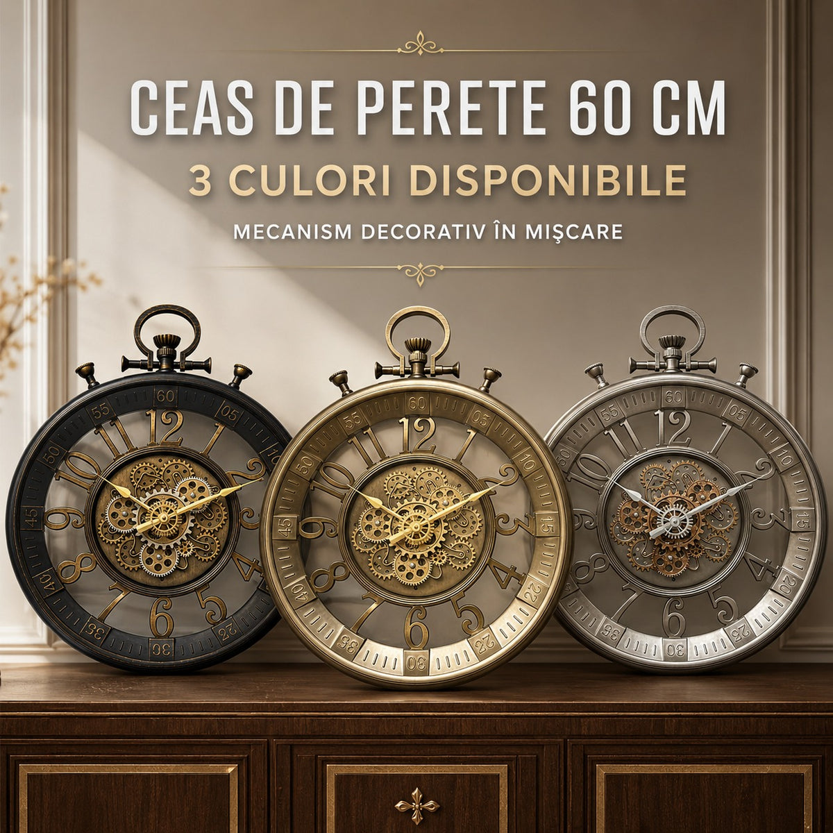 Ceas de Perete Premium Industrial Tervalion cu Mecanism Rotativ Vizibil, Design Vintage – Diametru 60 cm - detaliu produs