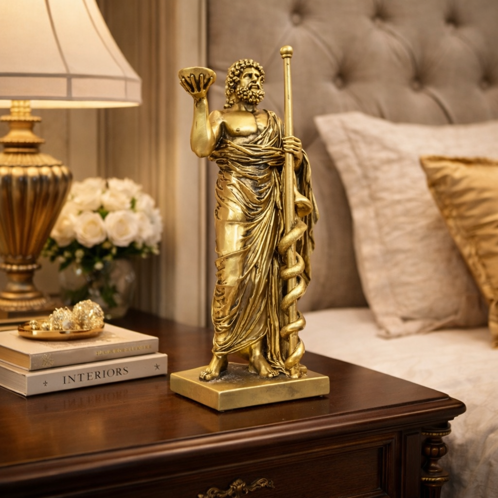 Statueta decorativa Asclepius, zeul medicinei, ornament sculptural rasina, decor birou si casa, 33x14 cm