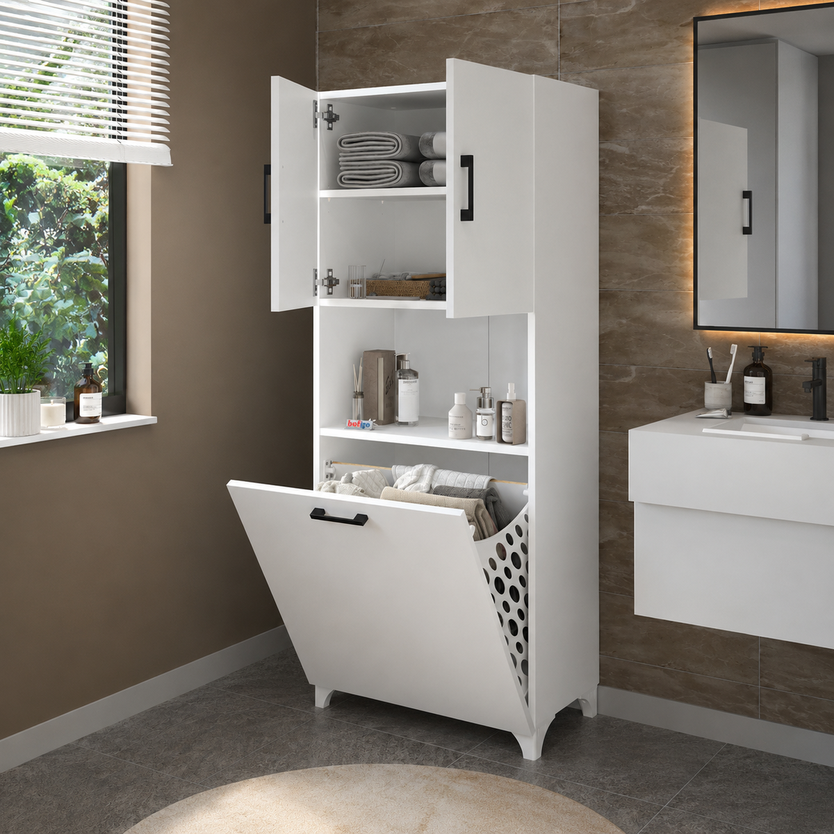 Dulap multifunctional pentru baie sau bucatarie, cu spatiu pentru cos de rufe, 60 x 33,8 x 153,6 cm