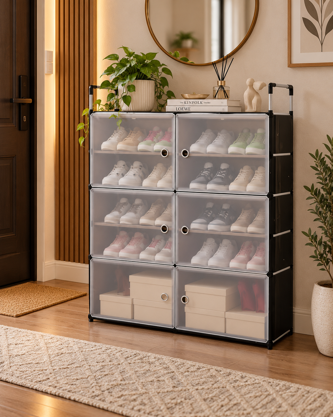Pantofar Modular cu 6 Compartimente, 81 × 29 × 96 cm, Uși Magnetice Semitransparente, Structură Metalică, Negru/Gri - detaliu produs