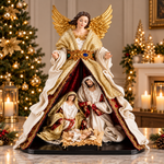 Statuetă Nașterea Domnului Premium din Rășină, 33 × 20 × 44,5 cm, Sfânta Familie cu Înger Protector, Design Elegant Crem-Auriu și Roșu