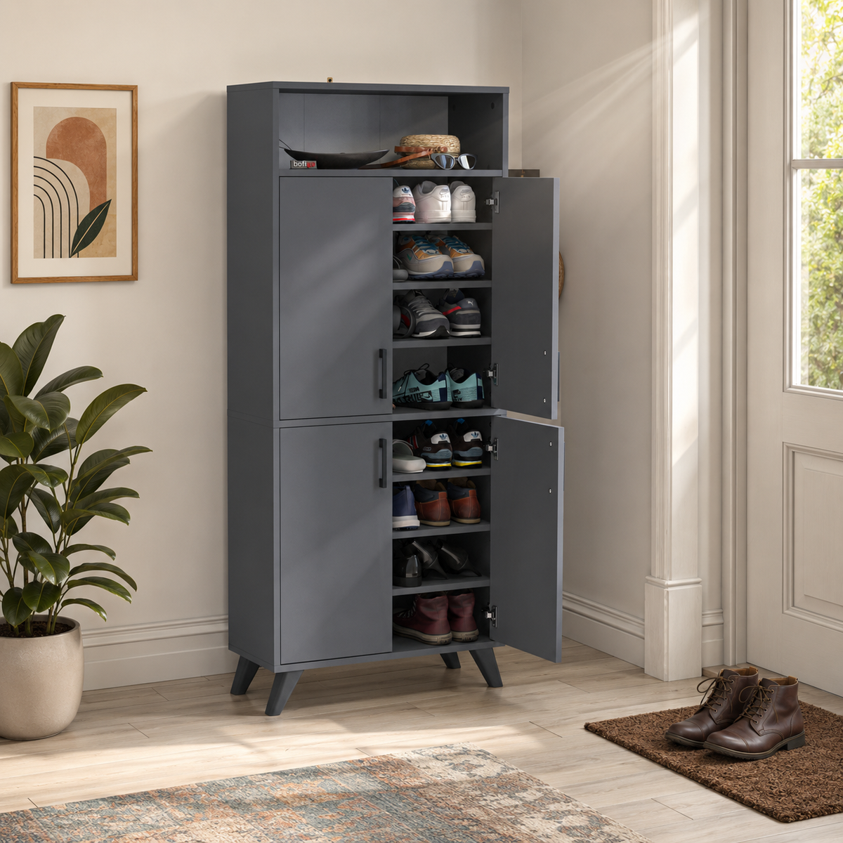 Pantofar modern 72x32x170 cm, cu 4 usi si 9 rafturi, pentru hol, intrare sau depozitare incaltaminte