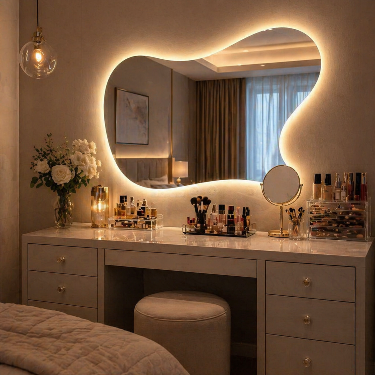 Oglinda led moderna 80x60, design fluid, cu touch si iluminare ambientala