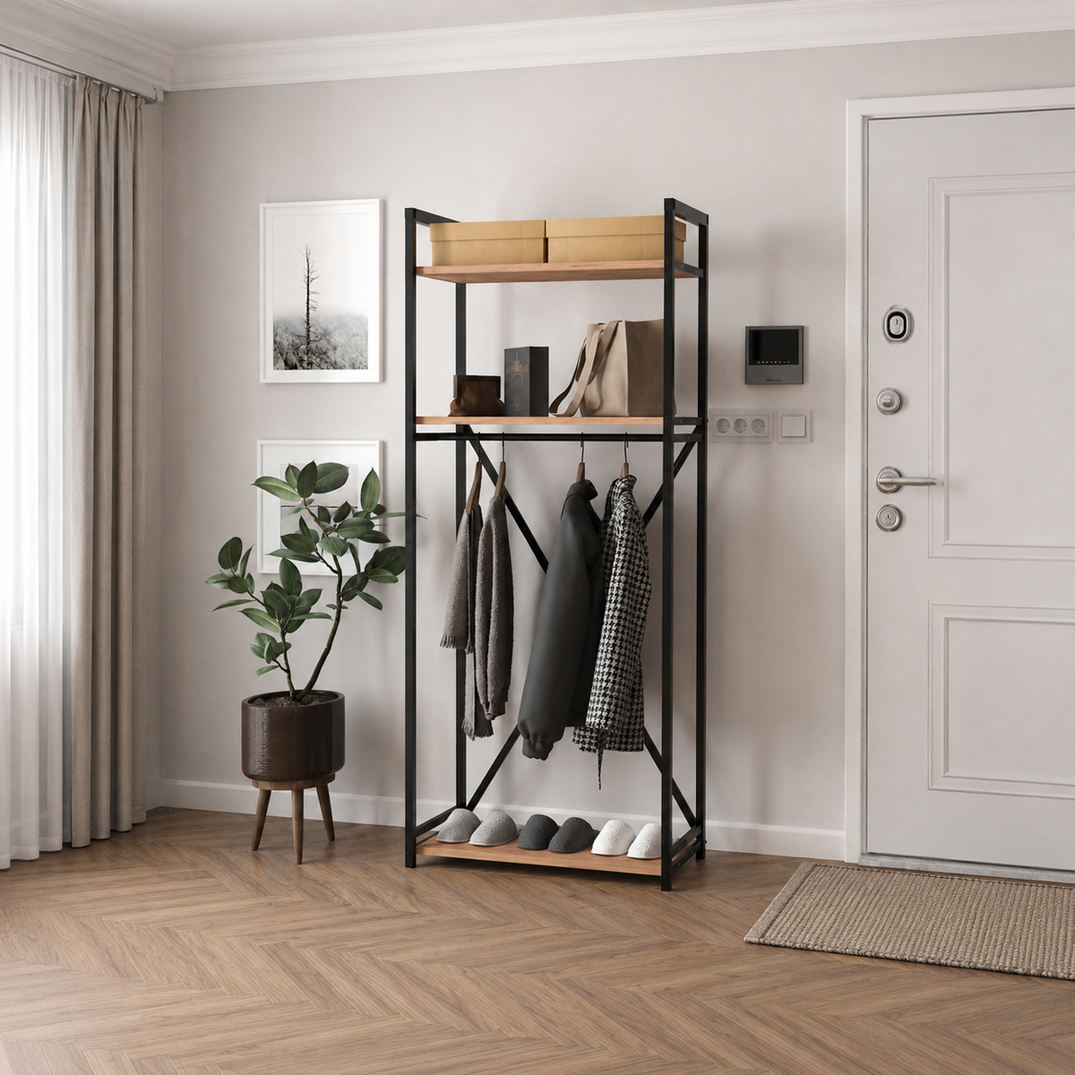 Cuier metalic cu suport pentru pantofi si rafturi, 66 x 34 x 159,8 cm