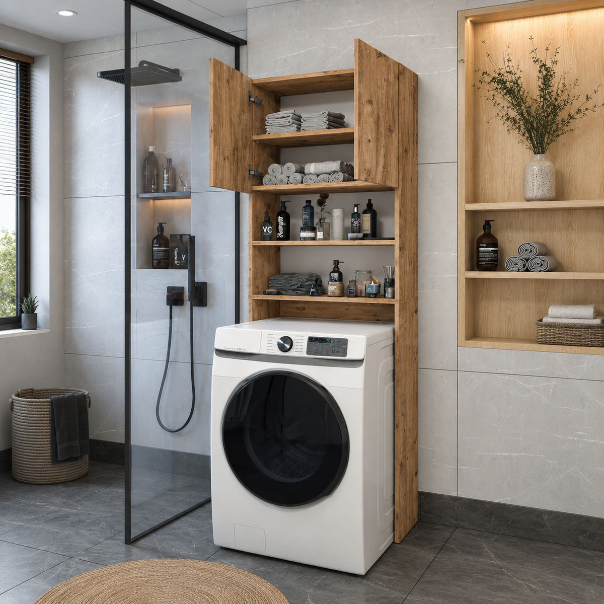 Dulap pentru masina de spalat din PAL 65,1x27,1x190,6 cm, cu 2 usi si 4 compartimente, pentru baie