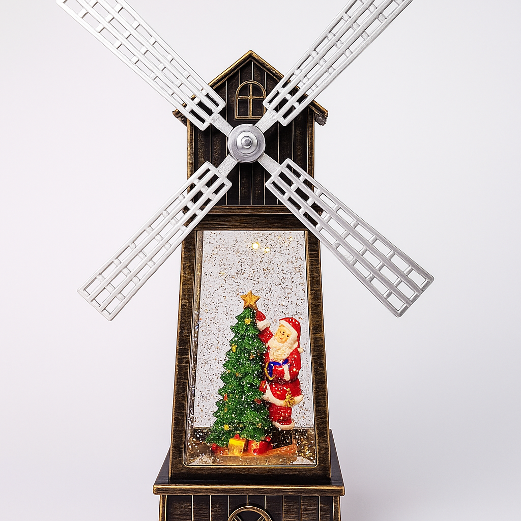 Decoratiune Craciun, Figurina Moara de Vant cu Mos Craciun, functie muzicala, zapada in miscare, cu baterii, Negru/Auriu, 3 Modele