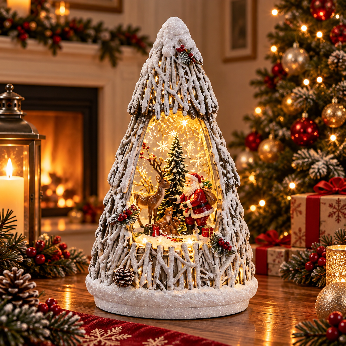 Decorațiune de Crăciun Premium cu Moș Crăciun și Ren, Iluminare Caldă și Efect de Ninsoare în Mișcare – 15,5 × 7,5 × 25 cm - detaliu produs