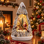 Decorațiune de Crăciun Premium cu Moș Crăciun și Ren, Iluminare Caldă și Efect de Ninsoare în Mișcare – 15,5 × 7,5 × 25 cm