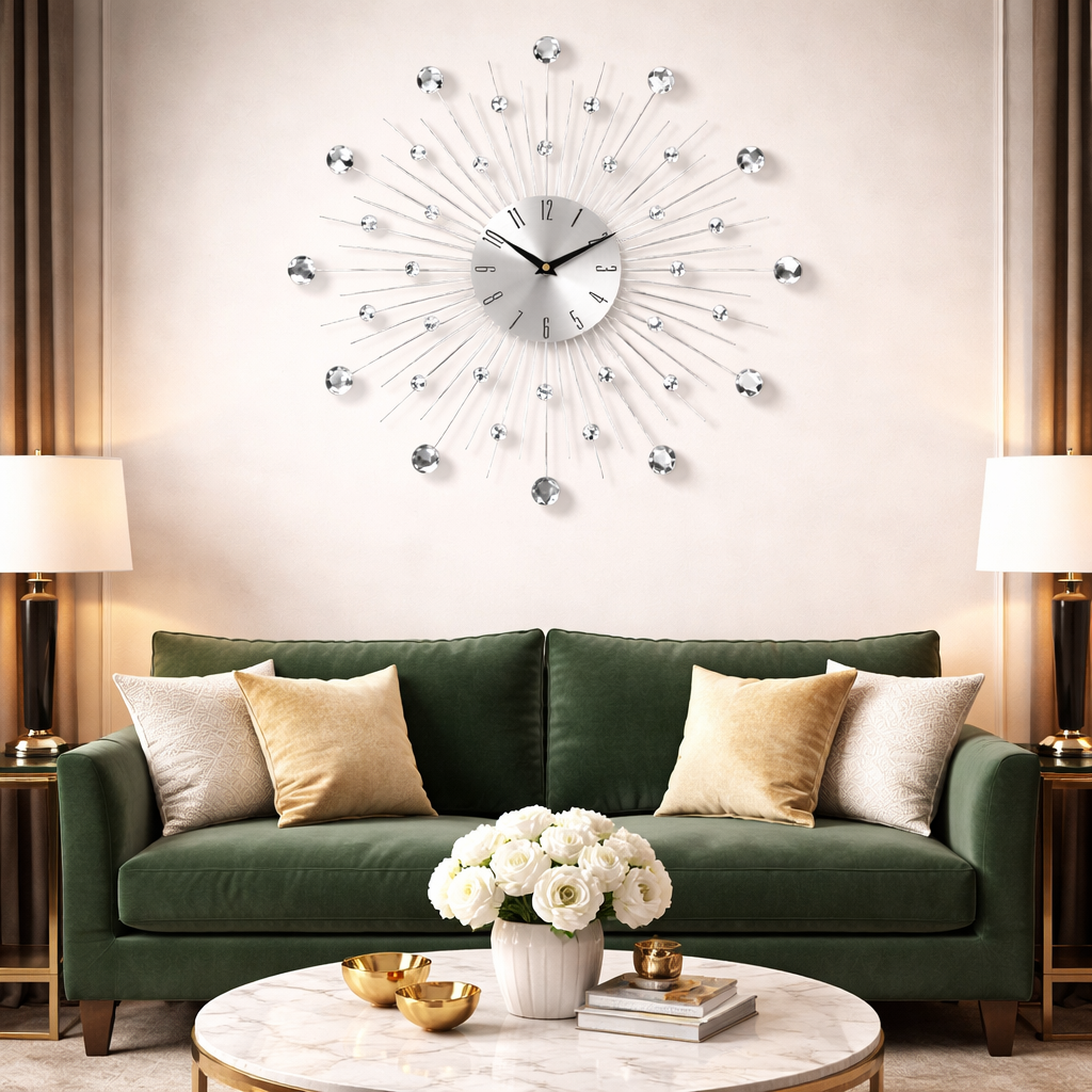 Ceas de perete 55 cm argintiu – design elegant cu margele acrilice, mecanism quartz silentios