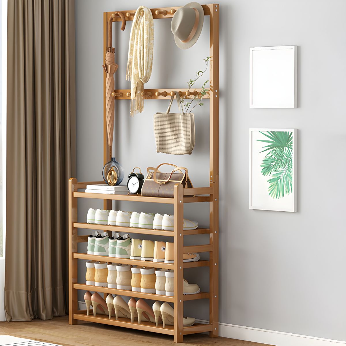 Cuier Haine Bambus cu suport pantofi 5 rafturi, Carlige Multiple, Organizare Hol, Dormitor
