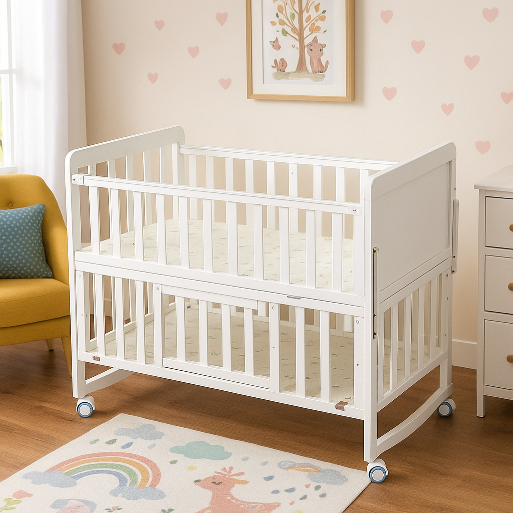 Patut bebelusi din lemn stil scandinav cu roti, laterale de protectie, set 5 piese si baldachin, alb 125 x 70 x 100 cm