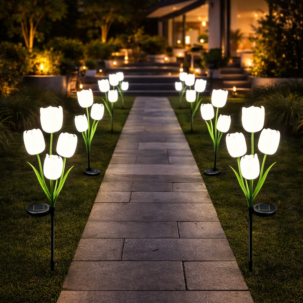 Set 2 lampi Solare Gradina Tip Lalea – 30 cm, 30 lm, Iluminare Alba