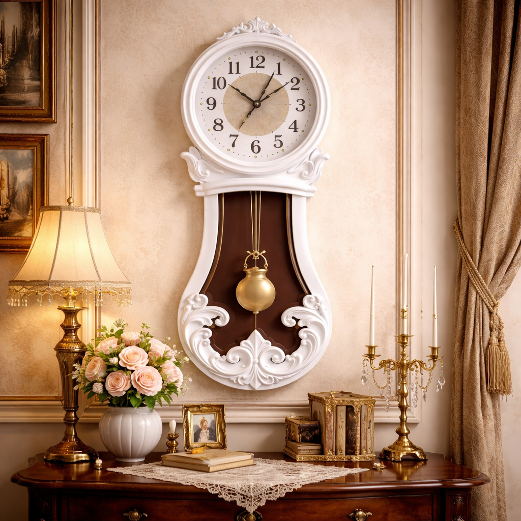 Ceas de perete cu pendul 80 cm, stil vintage, maro si alb