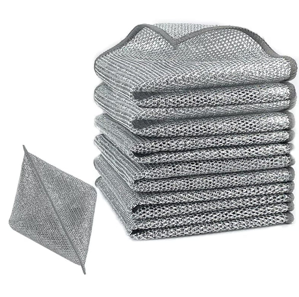 Set 10 lavete cu dublu strat, din fibra abraziva pentru vase, utilizare umeda si uscata, carpa de sarma, 30 x 30 cm, Argintiu