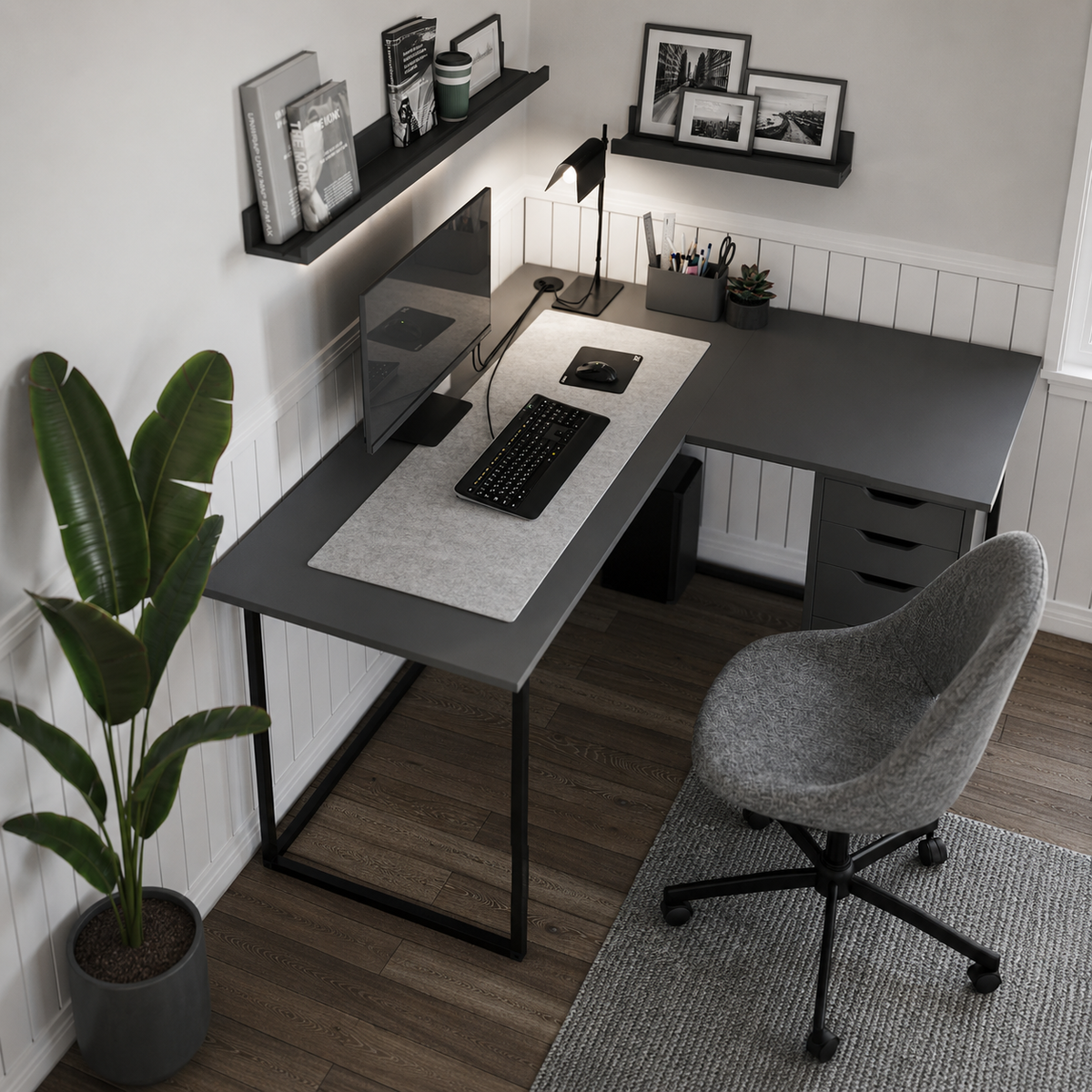Birou de colt in forma L 140x147,8x73,8 cm, cu rafturi integrate si cadru metalic, pentru home office sau birou