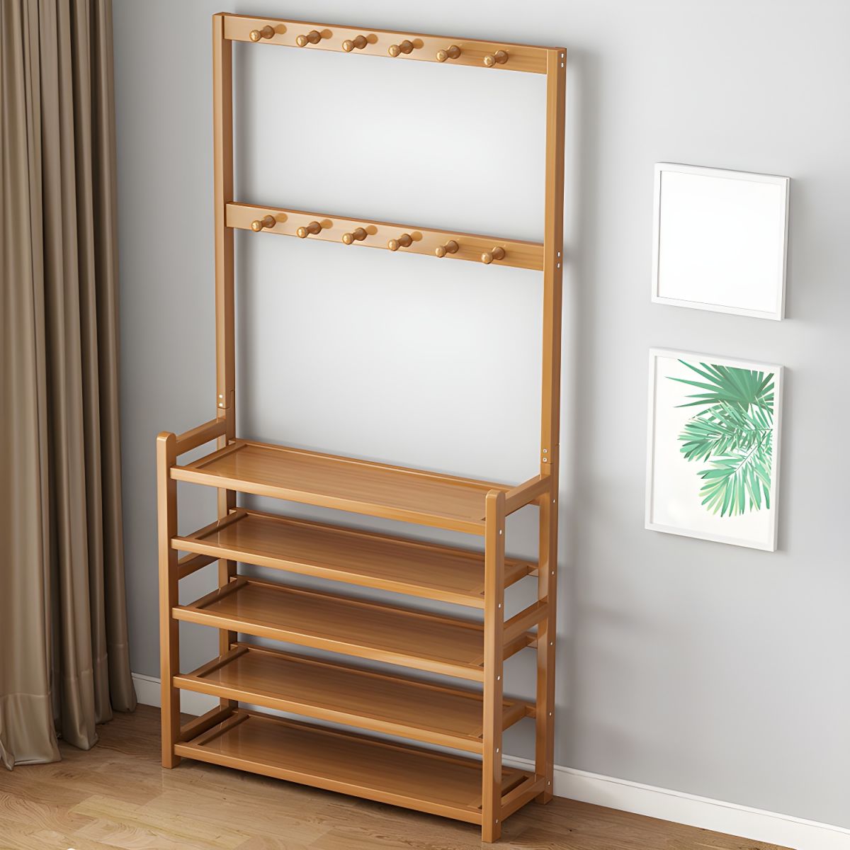 Cuier Haine Bambus cu suport pantofi 5 rafturi, Carlige Multiple, Organizare Hol, Dormitor