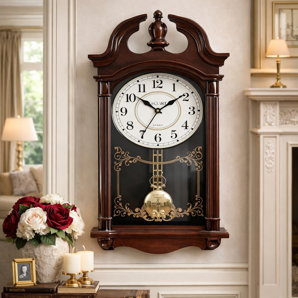 Ceas de perete cu pendul 66x29 cm design clasic elegant cu accente aurii silentios