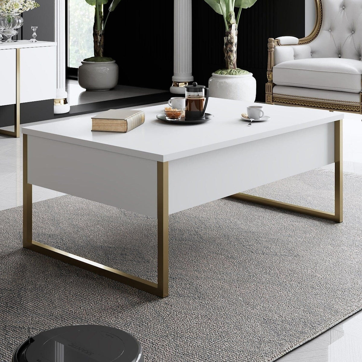 Masuta cafea alba premium cu picioare aurii metalice 90x60 cm design elegant