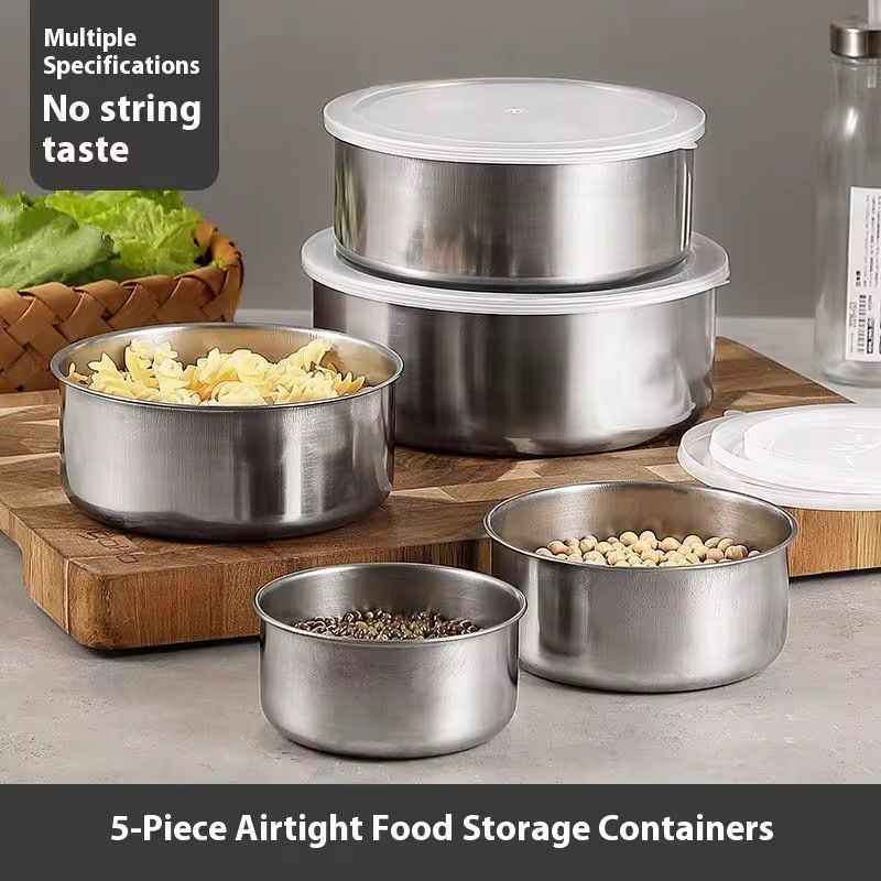 Set 5 Caserole Metalice cu Capac Plastic, Depozitare Alimente Inox, Diferite Dimensiuni, Bucatarie