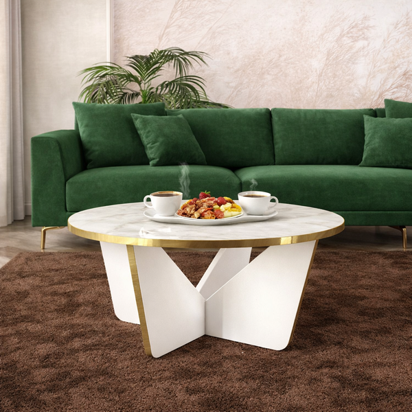 Masuta de cafea rotunda, blat tip marmura, cadru metalic auriu, design modern premium – 75x75x35 cm