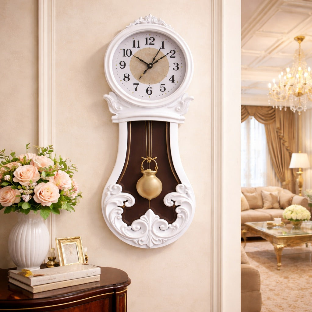 Ceas de perete cu pendul 80 cm, stil vintage, maro si alb