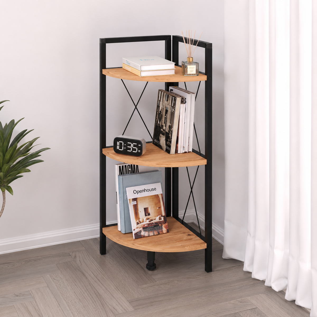 Etajera de colt din PAL si metal 33,5x33,5x87,3 cm, cu 3 rafturi, pentru living, baie sau birou